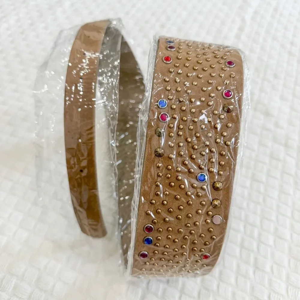 NEW Wide Vegan Leather Belt with Colorful and Metallic Studs Tan Khaki